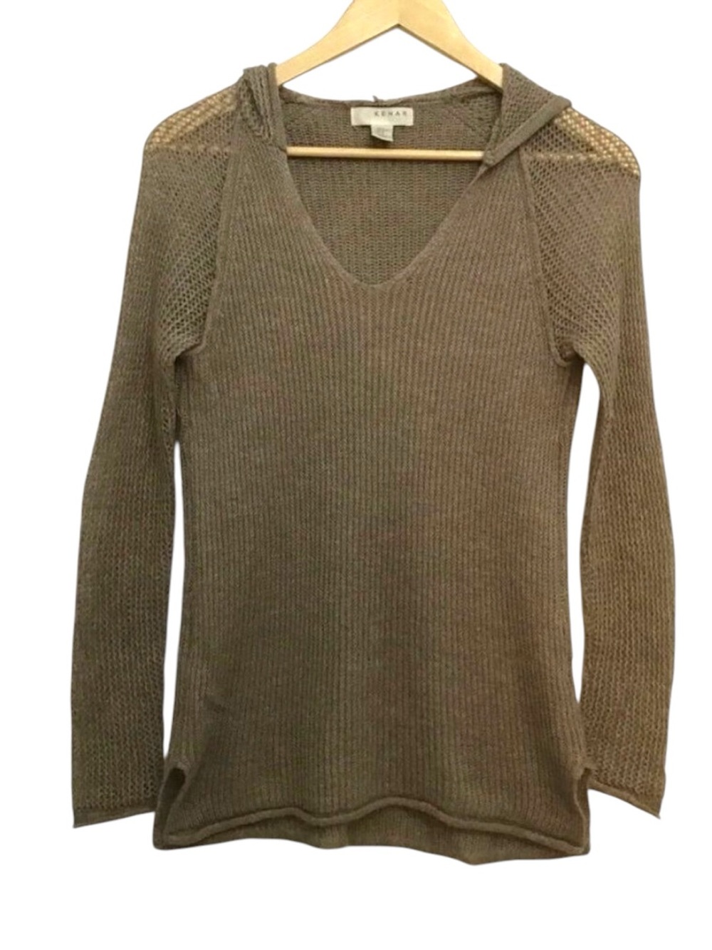 Kenar taupe neutral knit hooded vneck lightweight sweater top medium boho chic